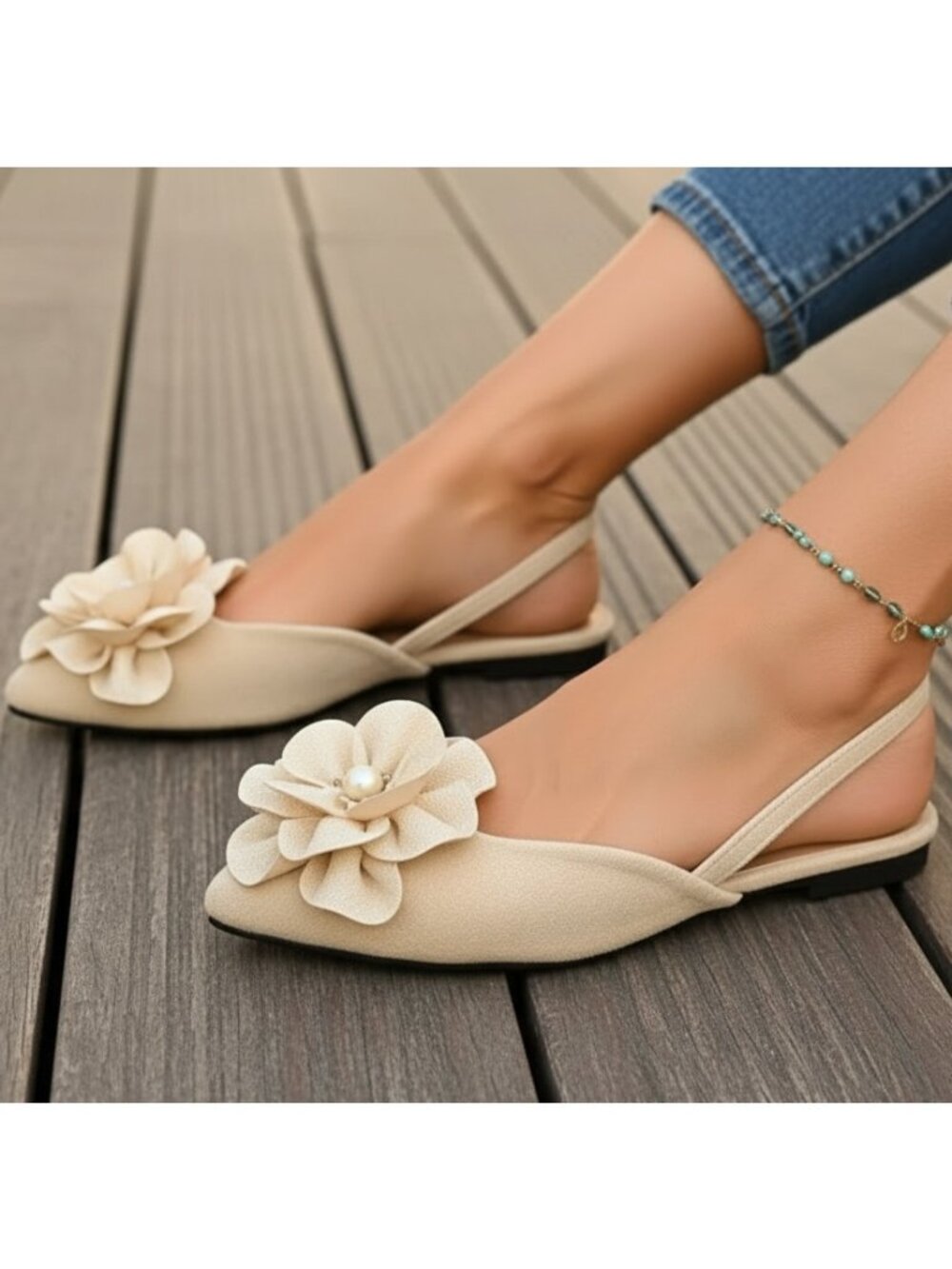 Pearl Flower Pointed Toe d'Orsay Slingback Flats Slip-On Dramatic Ballet Shoes